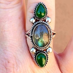 New Labradorite & Green Onyx Silver Ring.